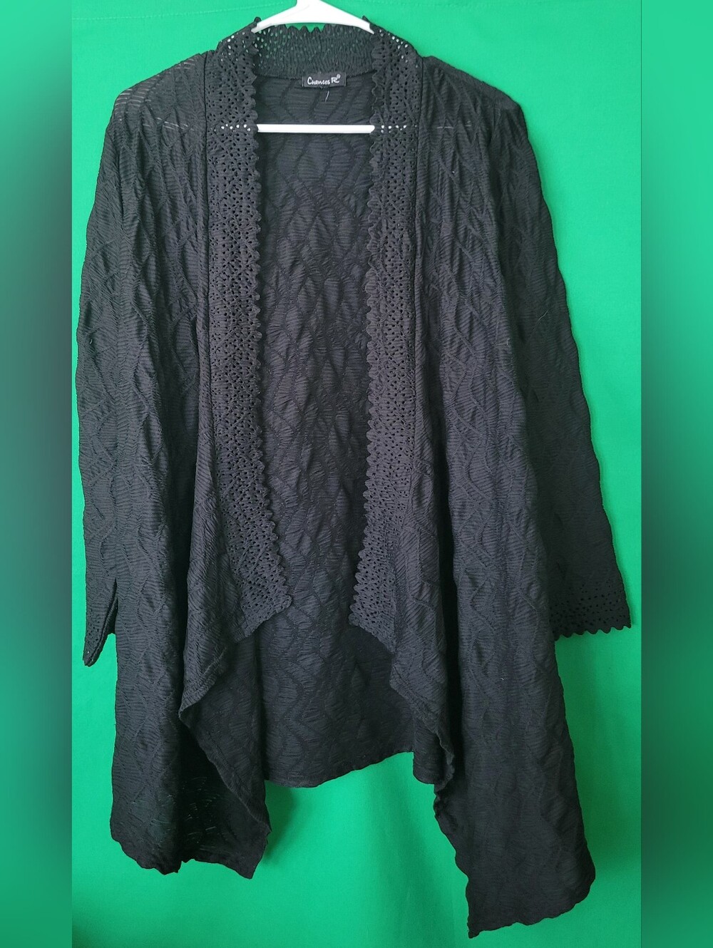 Women Black Open-Front Crochet-Trim Textured Wave Cardigan Chances R L XL Lace
